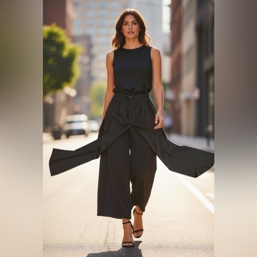 Joseph Ribkoff Black Wide-Leg Overlay Pants Size 4 | Slit Drape Palazzo
